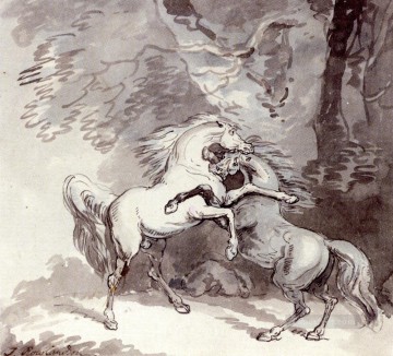  Caballo Pintura - Caballos peleando en un sendero del bosque caricatura Thomas Rowlandson